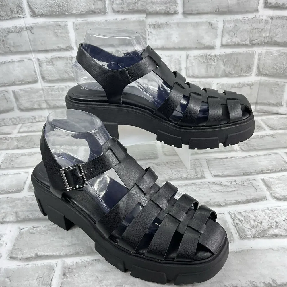 Wild Pair Women’s 10 Heraa Adjustable Black Fisherman Platform Lug Sole Sandals